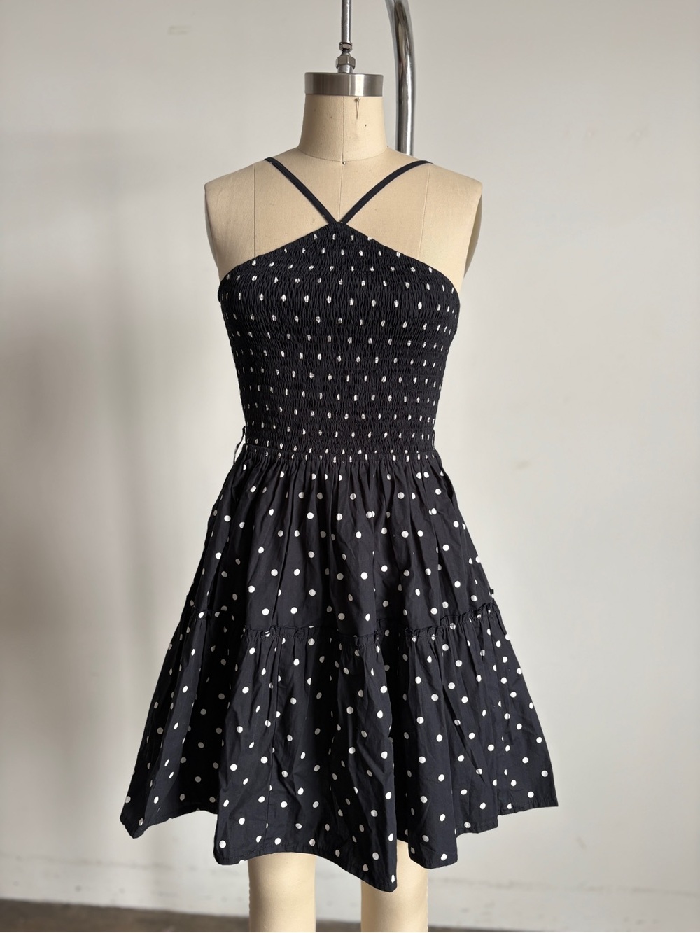 NWOT Lusana Polka Dot Smocked Mini Dress with Cross Straps in Black Sz Small